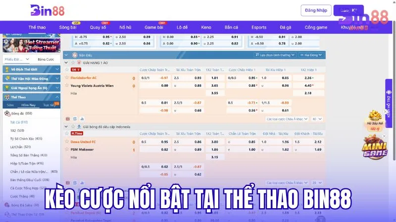 Các loại kèo cược nổi bật tại sảnh Thể Thao BIN88